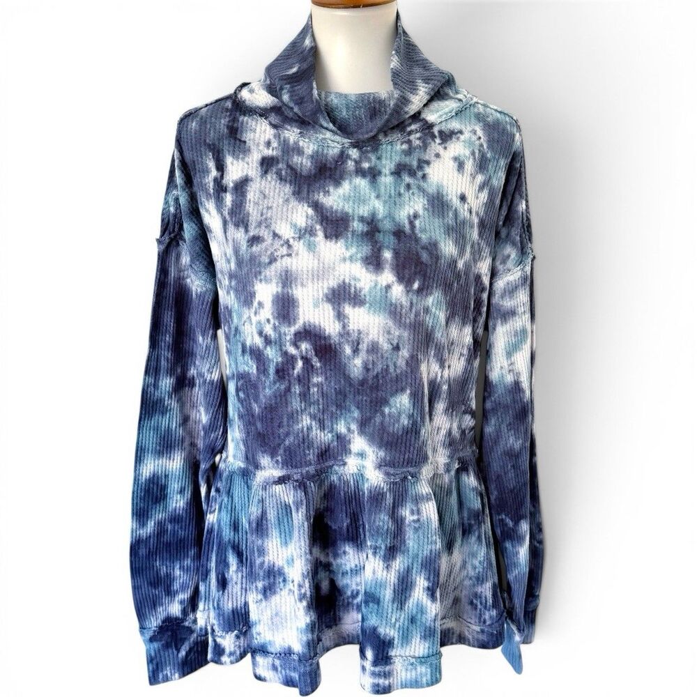 NEW True Craft Blue Tie Dye Peplum Tee Shirt Top Blouse Raw Edge 2X 100% Cotton